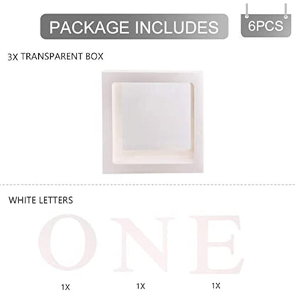 First 1st Birthday Decorations for Boys, 3Pcs White ONE Balloon Boxes with ONE Letter, One Boxes for 1st Birthday Backdrop, Balloon Blocks for First Birth Decorations, One Year Old Party Supplies