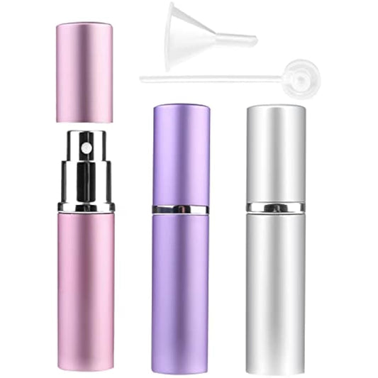 Zingso Refillable Travel Perfume Atomiser Bottles, 3 Pcs 6ml, Mini Portable Spray Bottles for Perfume Aftershave, Empty Travel Bottles with Funnel (Pink+Silver+Purple)