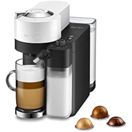 Nespresso Vertuo Lattissima Coffee Machine by De'Longhi for Vertuo Coffee Pods, Latte, Cappuccino, Integrated Milk Frother, Starter Capsule Set Included, ENV300.W, White