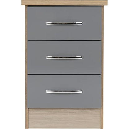 Seconique Nevada 3 Drawer Bedside in Grey Gloss/Light Oak Effect Veneer