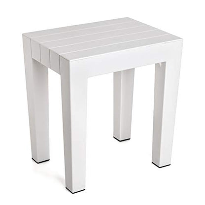 TATAY rectangular stool made of white textured polypropylene, with a wood effect finish. Anti-UV protection, suitable for indoor and outdoor use. Size