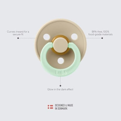 BIBS Colour Night Soother 2-Pack, BPA Free Dummy Pacifier, Round Nipple. Natural Rubber Latex, Size 3 (18+ Months), Blush Night/Vanilla Night