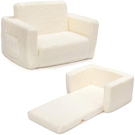 BEJOY Kids Sofa Bed 2-in-1 Flip Out Cuddly Sherpa Toddler Couch Convertible Chair to Lounger Children Sofa Bed Children's Day and Birthday Gift for Girls Boys, White