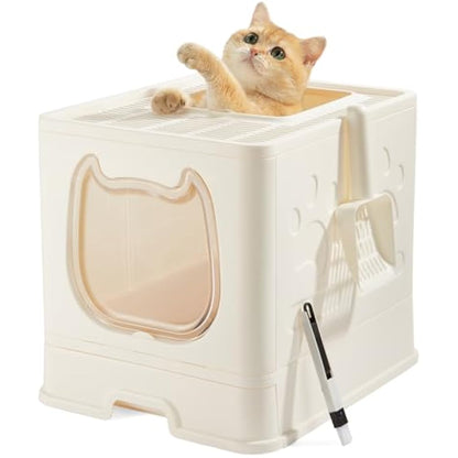 Pawsayes Cat Litter Tray Litter box with Lid for Medium and Small Cats, Foldable Top Entry Kitten Litter Box with Drawer Pan and Scoop