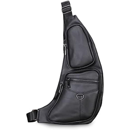 FANDARE Retro Sling Bag - Genuine Leather Chest Crossbody Bag for Business Travel Hiking Bicycle Sport Gym Pack - Black