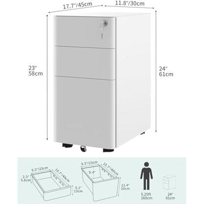 YITAHOME 3-Drawers Filing Cabinet Lockable, Home Office Mobile File Cabinets with Wheel, Under Desk File Office Cabinet for Letter/Legal/A4, Fully Assembled, White, 30 x 45 x 61cm