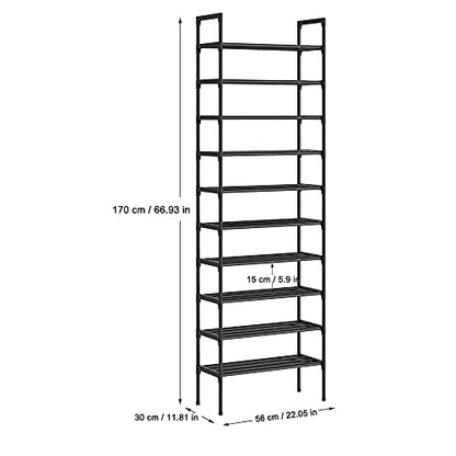 AcornFort S-538 10 Tiers Black Adjustable Shoe Storage Tall Shoe Rack Organiser Shelf Hold Stand for 30 Pairs Shoe, 56 x 30 x 170cm, Sturdy Design,