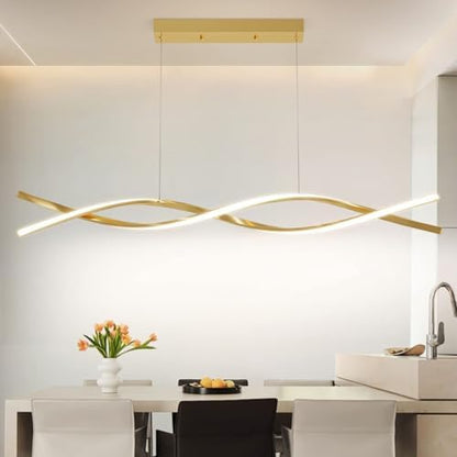 Mikeru 120cm Modern Wave Pendant Light, Gold Kitchen Island Lights Dimmable 10% to 100% Height Adjustable Chandelier 3000K/4500K/6000K 3 Color Change with Memory Function for Restaurant