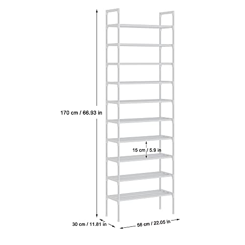 AcornFort S-528 10 Tiers White Adjustable Shoe Storage Tall Shoe Rack Organiser Shelf Hold Stand for 30 Pairs Shoe, 56 x 30 x 170cm Silver, Sturdy