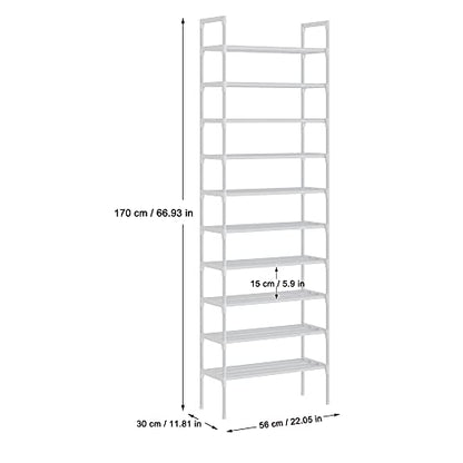 AcornFort S-528 10 Tiers White Adjustable Shoe Storage Tall Shoe Rack Organiser Shelf Hold Stand for 30 Pairs Shoe, 56 x 30 x 170cm Silver, Sturdy