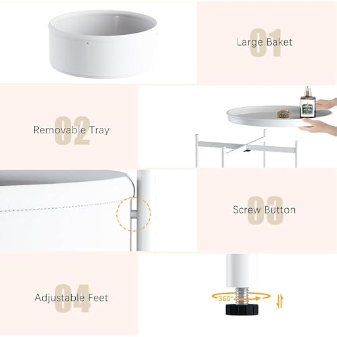 Side Table, Round End Table with Fabric Basket, Small Bedside Table, Nightstand Sofa Table for Living Room, Bedroom, Bathroom, Balcony, Modern Style (White)