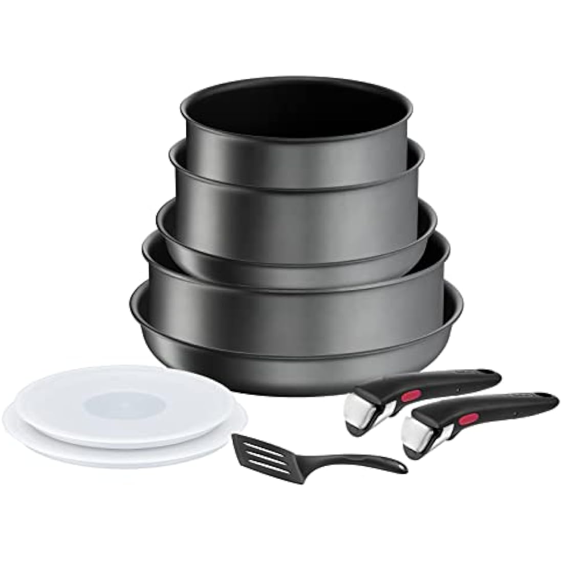 Tefal Ingenio Daily Chef ON 10 Piece Non-Stick Induction Pan Set, 22&26cm Frying Pans, 18&20cm Saucepans, 24cm Sautepan, 18&20cm Hermetic Lids, Spatula, 2 Bakelite Removable Handles, Grey, L7619302