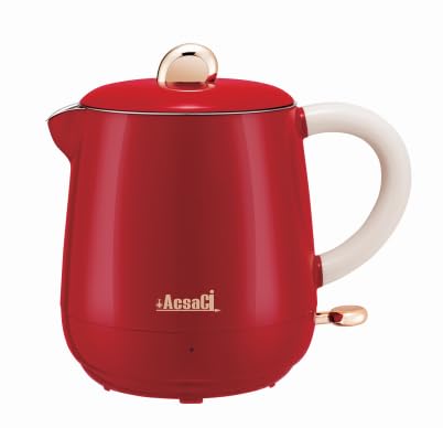 +AcsaCi Electric Double Wall Red Kettle, 600ml, NW 580g, Inside SS Food Grade, Outside Plastic Safety Cool Touch, Save Energy, 1000W, Perfect for 1-2