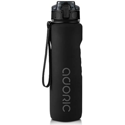 ADORIC Sports Water Bottle 1L, BPA Free Tritan Non-Toxic Plastic Sport Water Cup, Durable Leak Proof Water Bottle with Filter, Flip Top (Black-1000ml)