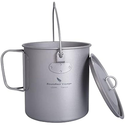 iBasingo 1250ml Titanium Mug Camping Cup Tea Coffee Water Pot with Lid Ultralight Outdoor Travel Tableware with Foldable Handle Picnic Backpacking Trekking Portable Drinkware Survival Gear Ti3042D