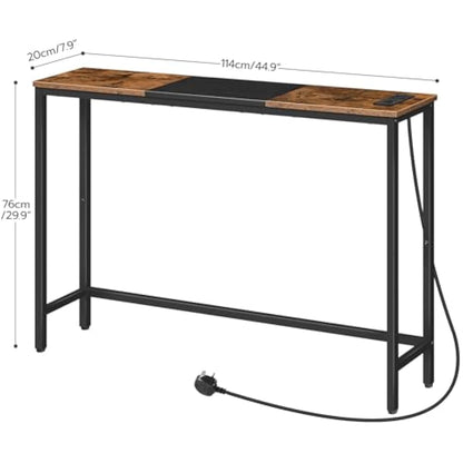 HOOBRO Console Table with Charging Station,114 cm Behind Sofa Table, Slim Console Table for Hallway, with Power Outlet, for Entryway, Living Room, Small Spaces, Rustic Brown and Black EBF114KXG01