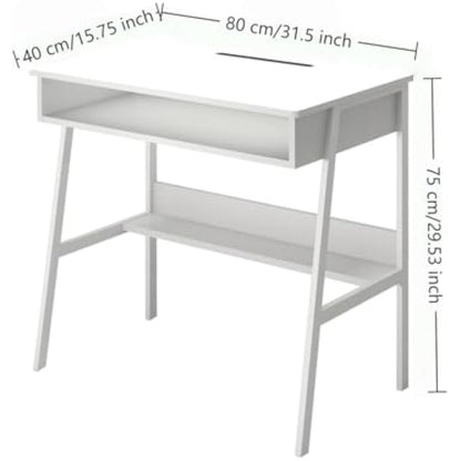 DEILALY Small Desk 80cm with Drawer Space and Under Storage Shelf Computer Wood Desk Metal Frame Writing Table Study Desk Work Station Gaming Desk Table Home Office Bedroom White