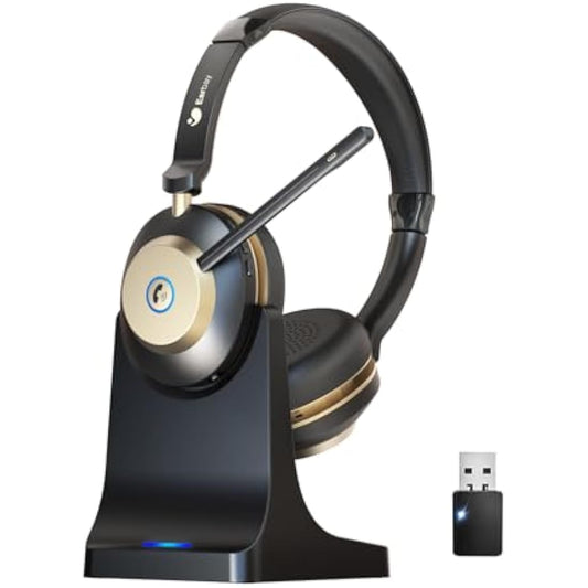 Wireless Headset, Bluetooth Headset With Microphone Noise Canceling & USB Dongle, On Ear Headphones with Charging Dock & 50hrs Working Time for Computer/Mobile Phones/Ms Teams/Skype/Zoom/Office