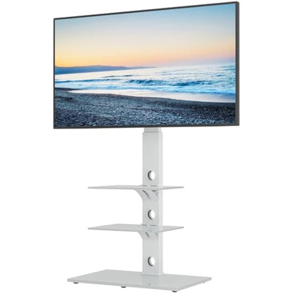 BONTEC Universal Floor TV Stand for 30-70 inch LED OLED LCD Plasma Flat Curved Screens, Height Adjustable Tall TV Stand with 3-Tier Tempered Glass Shelves up to 40KG, Max VESA 600x400mm (White)