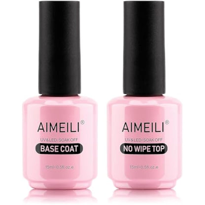 AIMEILI Base and Top Coat Gel Nail Polish Set, Shine Finish and Long Lasting, UV LED Soak Off Gel Nail Lacquer Gel Nail Polish Varnish - 2 x 15ml
