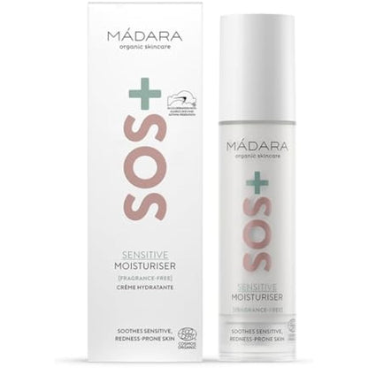 MÁDARA Organic Skincare | SOS+ SENSITIVE Moisturiser, 50ml – Lightweight sensitive skin moisturiser for redness-prone and reactive complexions, With hyaluronic acid and red algae, Fragrance-free