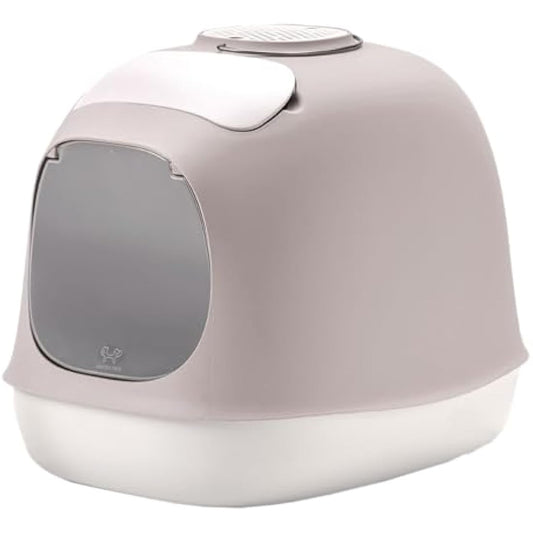 UNITED PETS Minù Katzentoilette/Katzentoilette, Design, Made in Italy, with Schaufel and Filter, White with Taupe-Grey Accent, Closed Hygienic Cat Litter Box