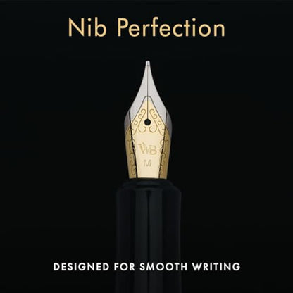 Wordsworth and Black Fountain Pen Mini EDC: Luxury Silver Heavy Pocket Pen, Gold Finish, Medium Nib, 6 Ink Cartridges, Ink Converter, Travel Refillable Writing Pen Gift Set, Men & Women
