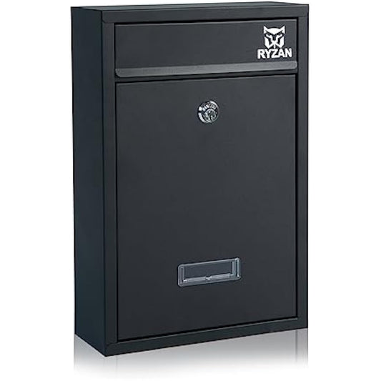 RYZAN Wall Mounted Mailbox Steel Postbox Modern Delivery Letterbox For Outside With Nameplate Easy To Install Lockable Weatherproof Large Letter Post Mail ‎8.5 x 21.5 x 32 cm Outdoor With Keys, Black