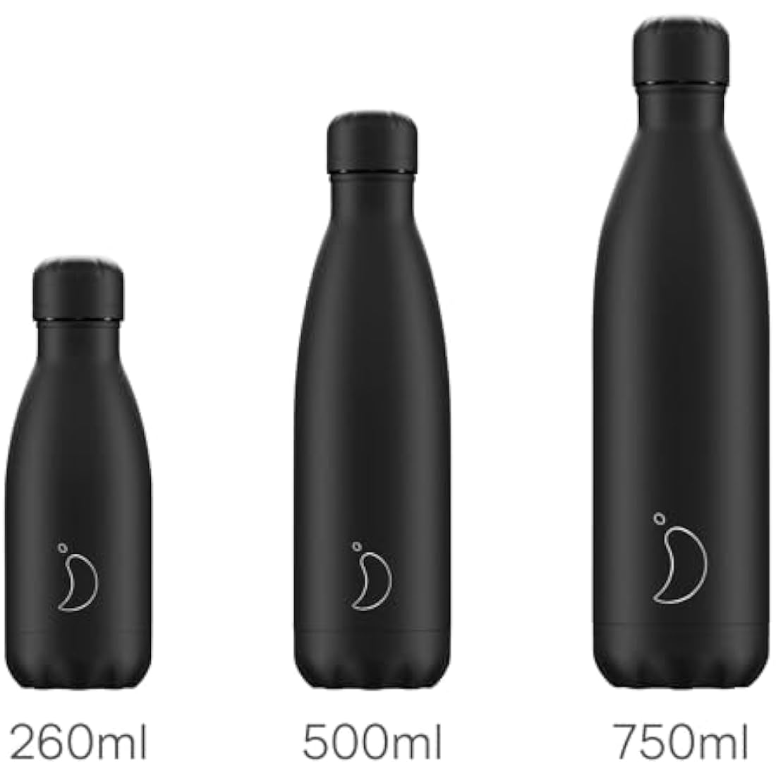 Chilly's Water Bottle - Stainless Steel and Reusable - Leak Proof, Sweat Free - All Black - 260ml