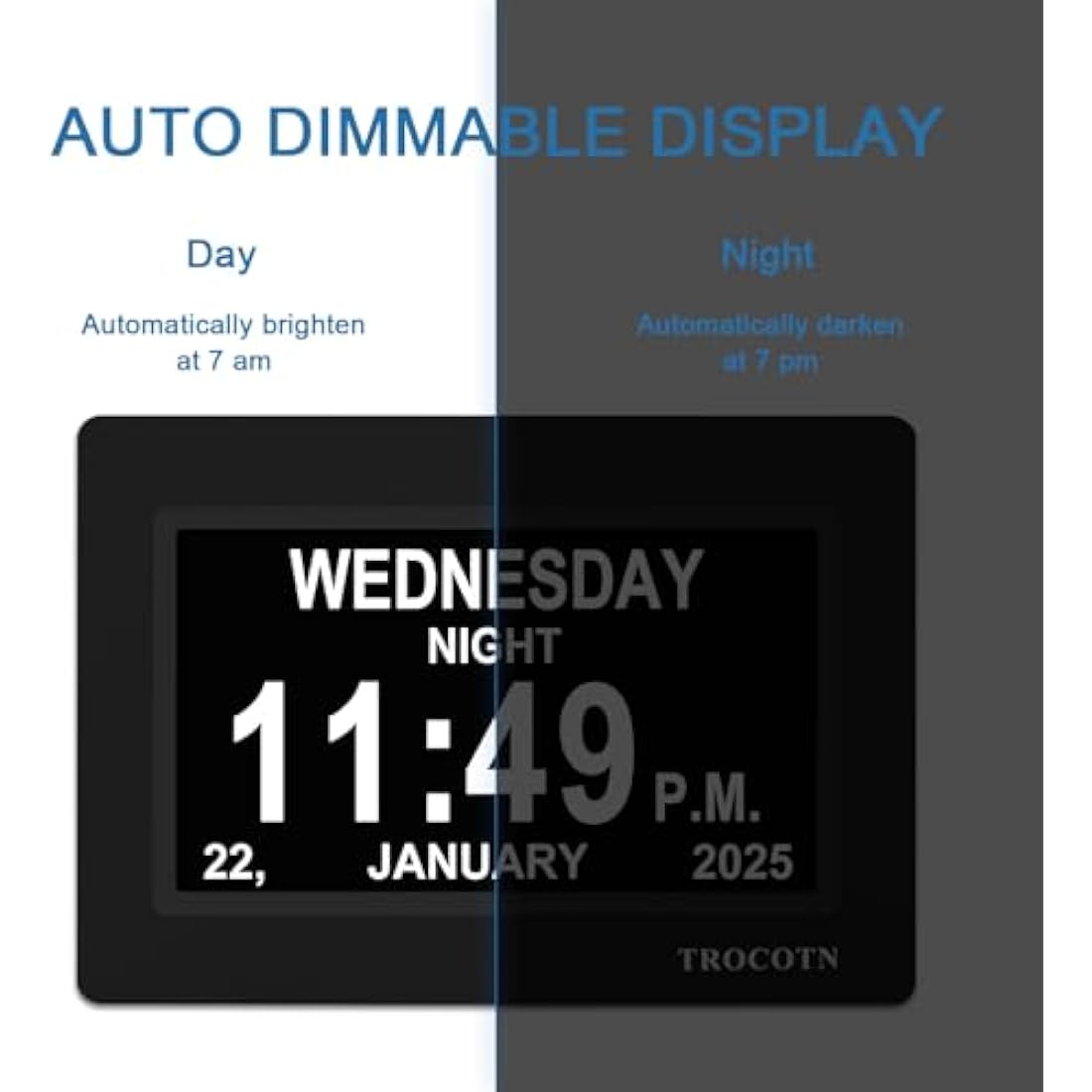 TROCOTN dementia clock, digital clock with date and day for elderly, day date large display calendar (7 Inches Black)