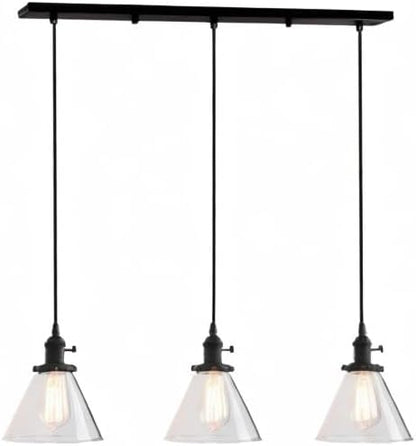 PathsOn Industrial Vintage 3 Lights Fittings Ceiling Chandelier Cone Clear Glass lampshade Hanging Pendant Lamp Fixture (Black)
