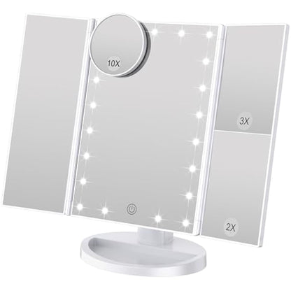 WEILY Tri-fold Vanity Mirror, 21 LEDs and 2X/3X Magnification, Touch Switch for Adjusting Brightness, Dual Power Supply mode Makeup Mirror (White)