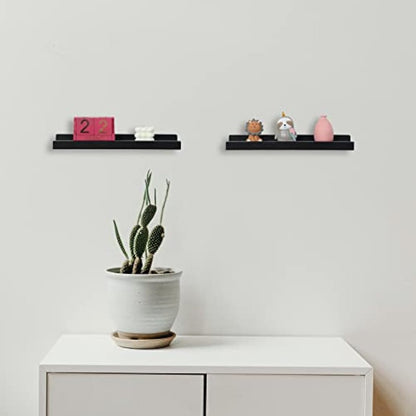 PHOENANCEE Solid Wood, 43cm Wall Picture Shelves Ledge, Rustic Wood Ledge Shelves, Decorative Photo Shelf For Living Room, Kitchen, Bedroom, Books, Set of 2,Black