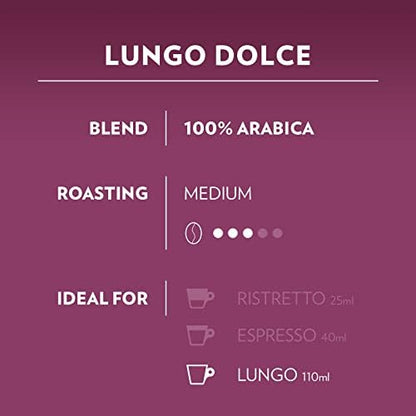 Lavazza A Modo Mio Lungo Dolce, Coffee Capsules, 100% Arabica, Sweet and Smooth Taste, Intensity 6/13, Medium Roasting, Perfect for a 40ml Espresso, Compostable, 36 Espresso Pods
