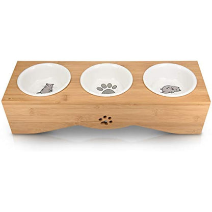Navaris Raised Cat Bowls - Elevated Triple Cat Food Bowl Feeder - Ceramic Feeding Dishes with Bamboo Stand - 3 Dish Feeding Station Set with Printed Designs