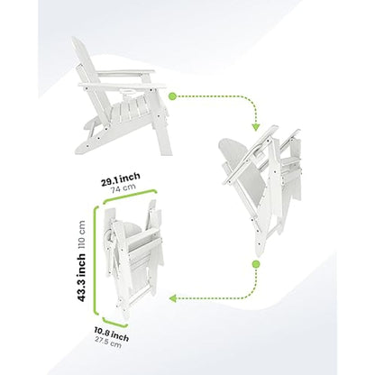 Sleek Space Adirondack Folding Chair for Garden, Patio or Deck - Arm Rests and Cup Holder - Lightweight, Weatherproof - Stylish, Durable Outdoor Furniture for Fire Pit, Beach, Poolside, Porch (White)