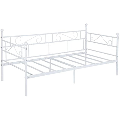 buybyroom Day bed Frame,Modern Metal Day Bed Sofa, Platform Bed Base with Headboard and Footboard Premium Stable Metal Slats for 90 x 190 mattress,White