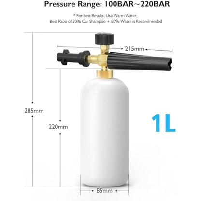 Stone Banks Snow Foam Lance for Karcher K Series K2 K3 K4 K5 K6 K7 Pressure Washer, 1L Adjustable Foam Cannon Gun High Pressure Soap Dispenser Bottle Spray Nozzle for Car Washing Vehicle Cleaning
