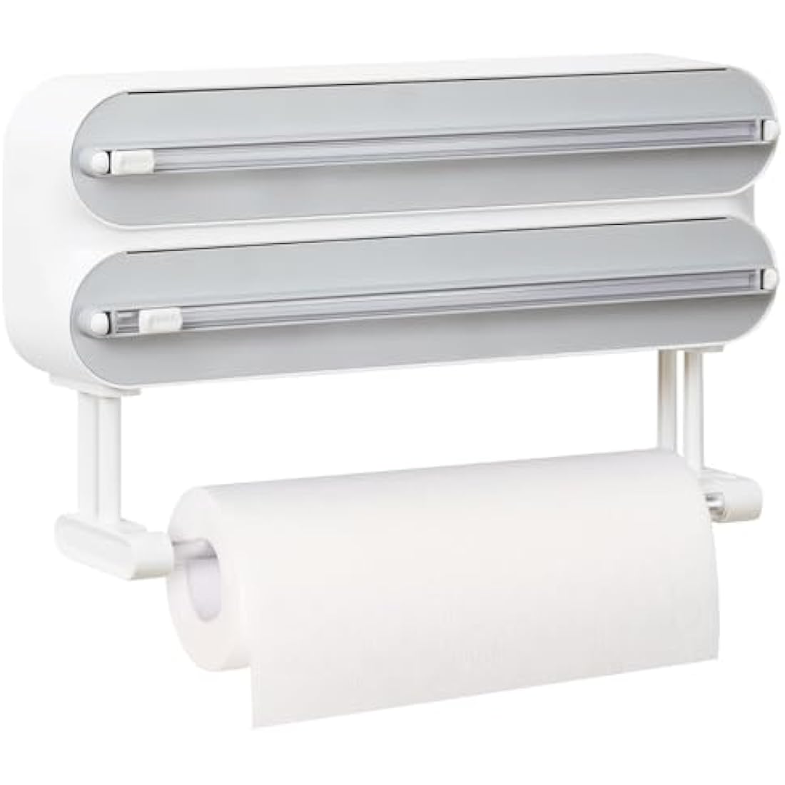 Magnetic Cling Film Dispenser and Cutter - Upgraded 3-in-1 Wall-Mounted Kitchen Roll Holder, Quasziwa Refillable Aluminium Foil Dispenser with Paper Towel Holder - Includes 1x50m Clingfilm Roll, White