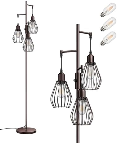 EDISHINE Industrial Floor Lamp, Dimmable Standing Lamp with Wire Cage Lampshade, Floor Lamps for Living Room, Bedroom, E27 Sockets, 3 LED Bulbs Included, Brown Metal