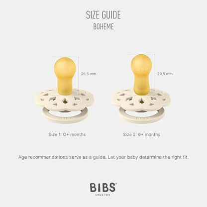 BIBS Boheme Glow in The Dark Soother 2-Pack. BPA Free. Round Nipple Latex, Size 1 (0-6 Months), Blush Glow/Vanilla Glow