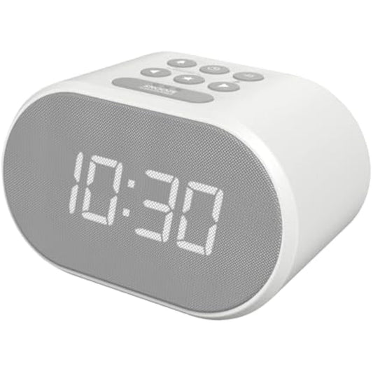 i-box Alarm Clocks Bedside, Radio Alarm Clock, Mains Powered or Battery, FM Radio, USB Charging Port, 5 Step Dimmable Display, Non Ticking, LED Display (White)