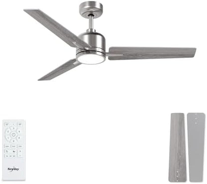 Newday 42inch Silver and Wooden Ceiling Fan with Remote Control, Dimmable LED, Quiet Reversible DC Motor, 6 Speeds, 3 Timer, Memory Function for Bedroom Living Room Basement Kitchen Terrace