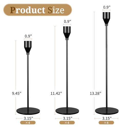 Set of 12 Black Candlestick Holders for Taper Candles,Black Candle Holder Fits 3/4 inch Thick Taper Candles,Tall Candlestick Holders for Wedding,