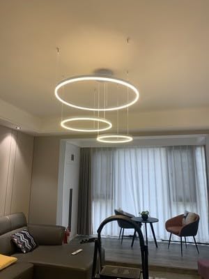 STARRYOL Modern LED Pendant Light, 3 Rings White Paint Collection, Adjustable Pendant Light Modern Ceiling Chandelier, Dimmable 2700K - 6500K, with Remote Control 78W