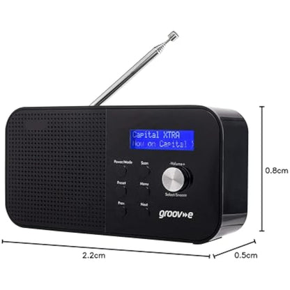 Groov-e Venice DAB & FM Digital Radio - Built-In Alarm Clock & Bluetooth Connectivity - LCD Display - Mains or Battery Operated - Portable Radio - 20 Preset Stations - Black