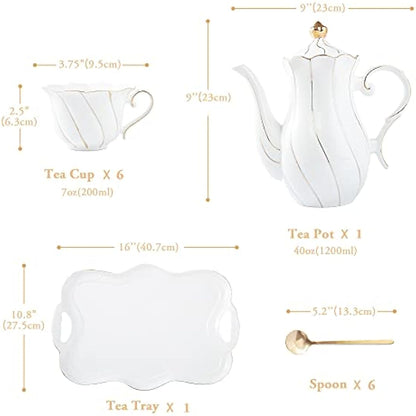 DUJUST 14 pcs Tea Set of 6 with Tea Tray & Spoons, Luxury British Style Tea/Coffee Cup Set with Golden Trim, Porcelain Tea Set for Living Room Decor, Tea Party Set, Gift Package - White
