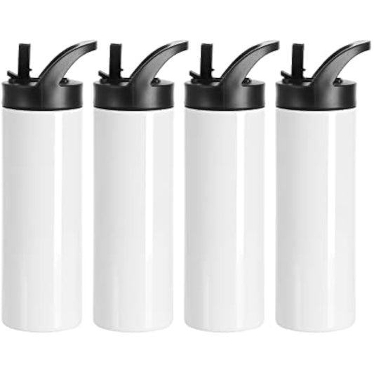 PYD Life Sublimation Tumblers Blanks Cups Water Bottle White 20 OZ Skinny Straight Sports Bottles Mugs with Portable Sippy Up Lid with Straw,for Tumbler Heat Press 4 Pack
