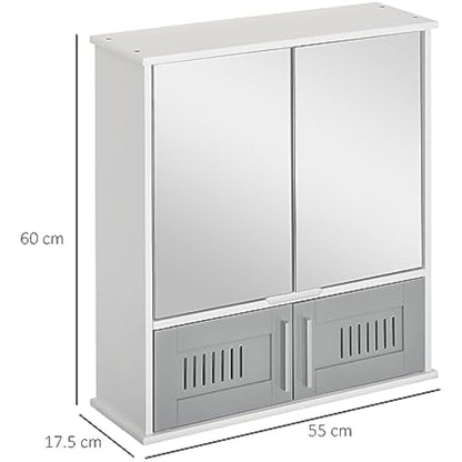 kleankin Bathroom Mirror Cabinet, Wall Mounted Storage Cupboard with Double Doors and Adjustable Shelf, Bathroom Organizer, Grey