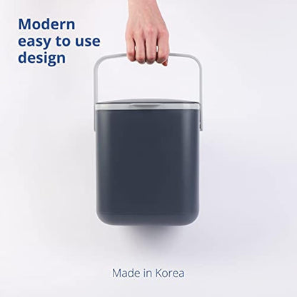 BLUE GINKGO Kitchen Compost Bin [5L] – Filter-Free, Odor-Tight Countertop Food Waste Pail with Handles (Made in Korea, Grey)